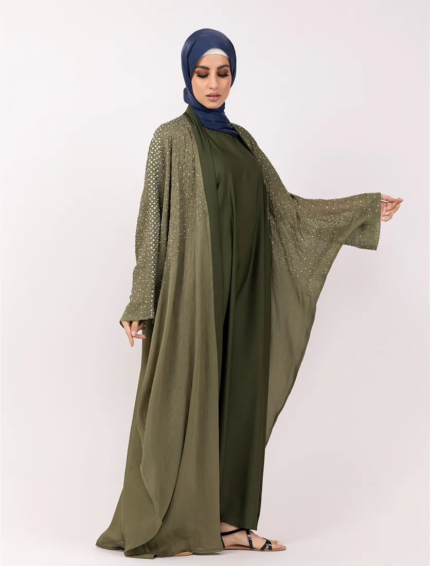 Olive Sparkle Crystal Embellished Sheer Overlay Abaya
